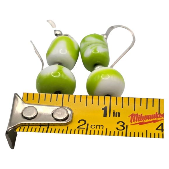 Artisan Pierced Glass Beaded Earrings Sterling Silver Green & White Geometric - Picture 5 of 6